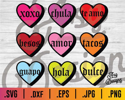 Spanish Words Conversation Hearts SVG - TheCraftyDrunkCo