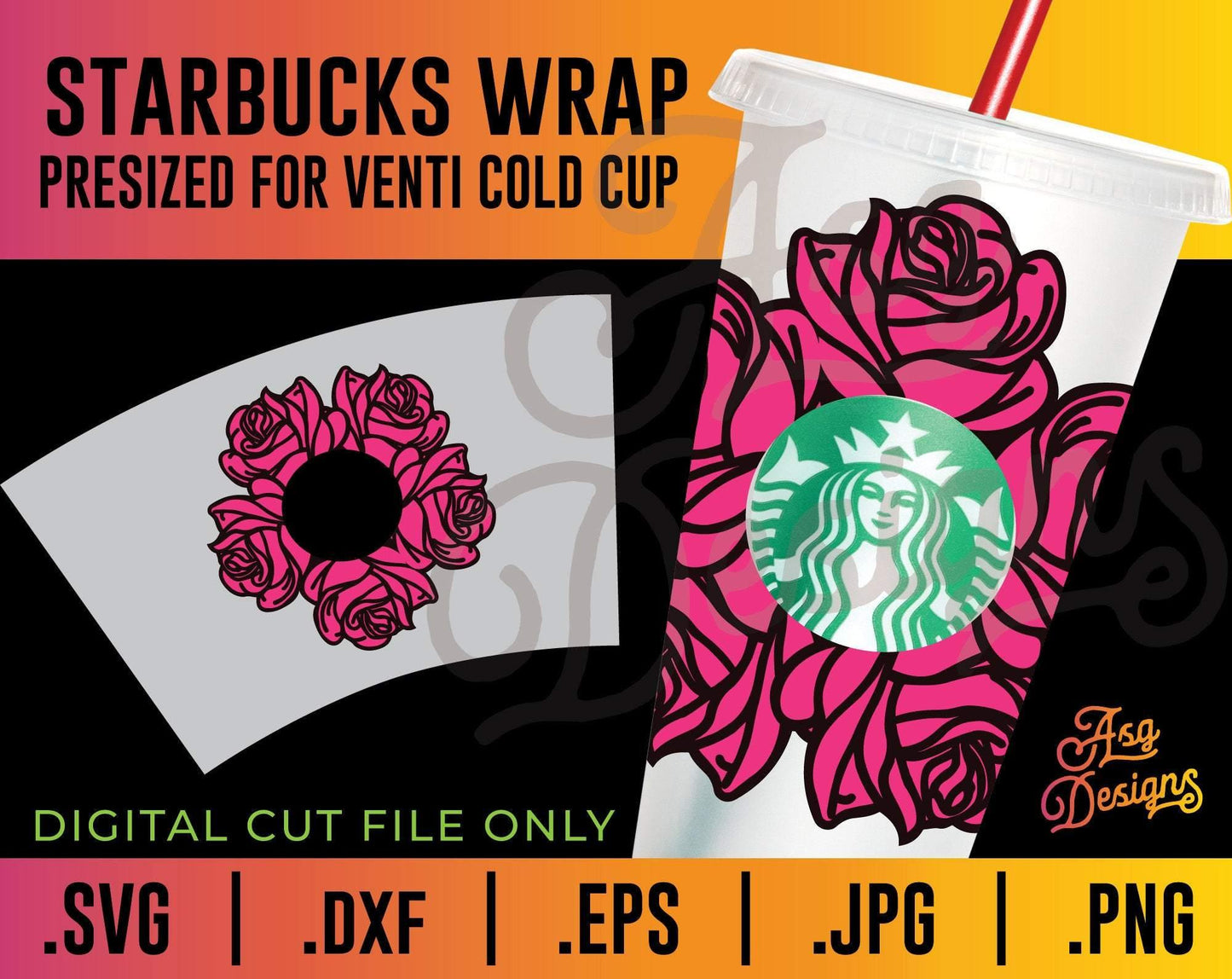 Roses Starbucks Cup Wrap Border SVG - TheCraftyDrunkCo