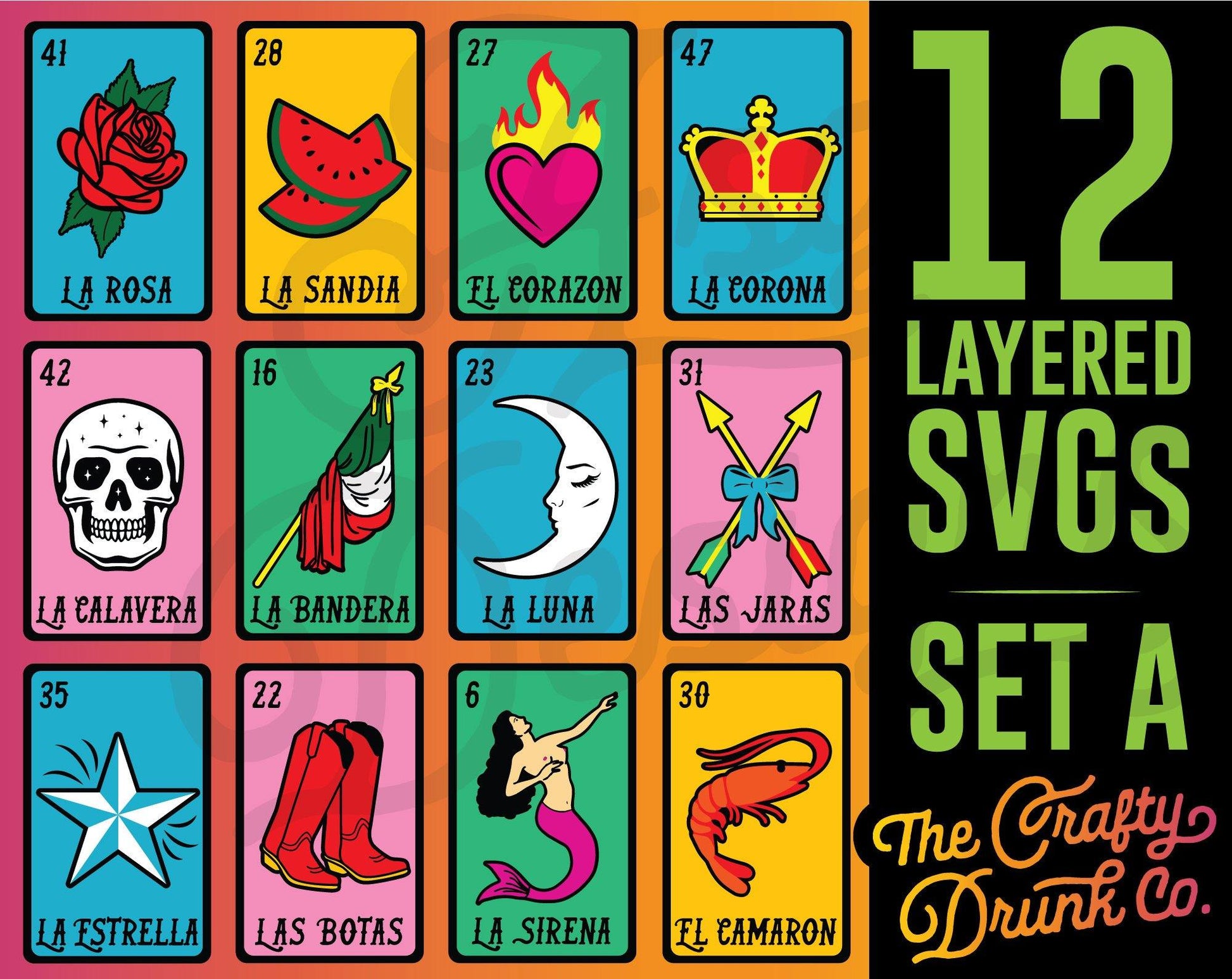 Loteria SET A SVG Bundle - 12 Cards - TheCraftyDrunkCo