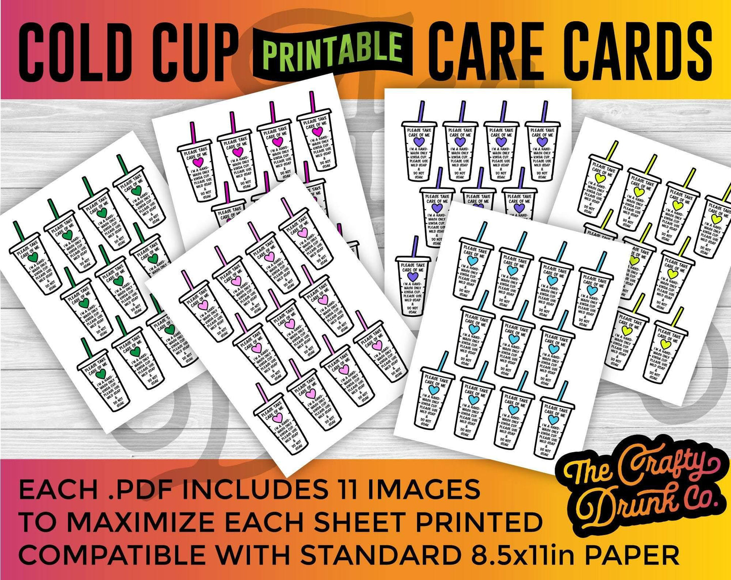 Cold Cup Printable Care Cards - Printable Care Instructions, Print and Cut - TheCraftyDrunkCo